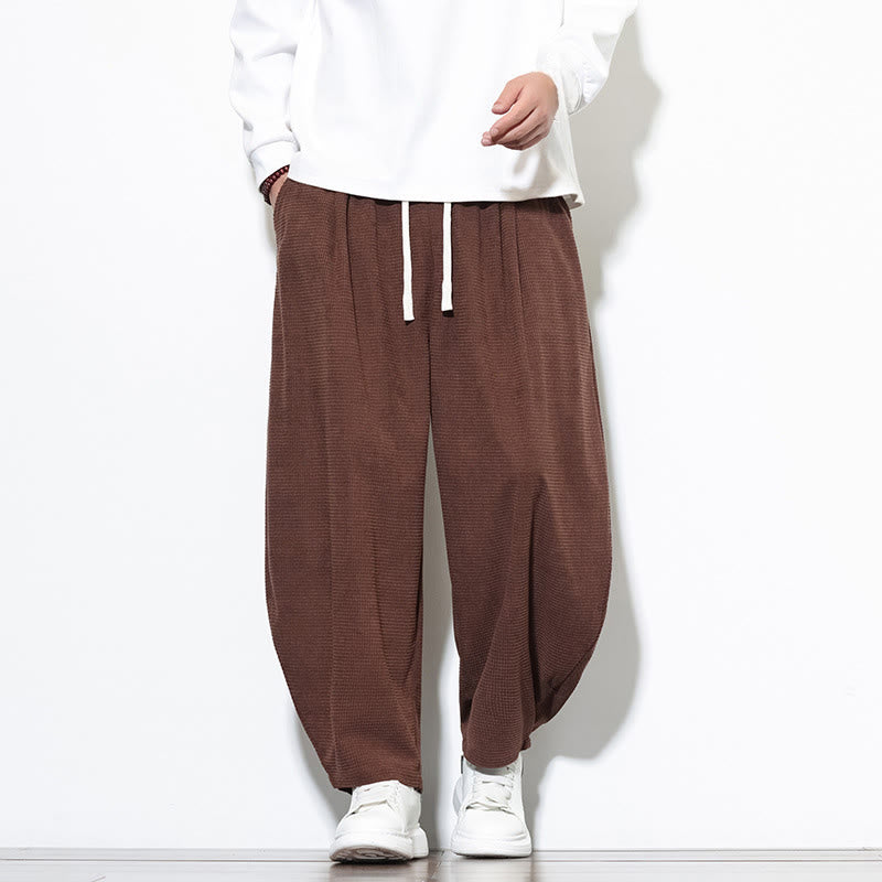 Buddha Stones Men's Plain Pure Cotton Corduroy Ankle-Length Harem Pants With Pockets
