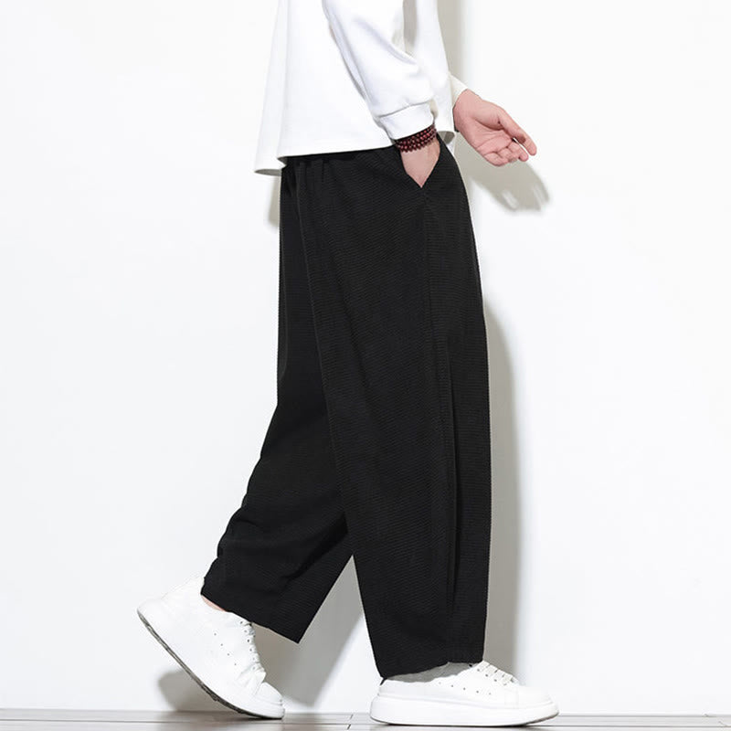 Buddha Stones Men's Plain Pure Cotton Corduroy Ankle-Length Harem Pants With Pockets