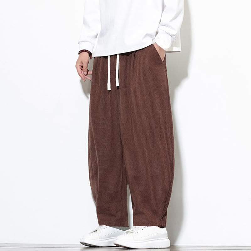 Buddha Stones Men's Plain Pure Cotton Corduroy Ankle-Length Harem Pants With Pockets