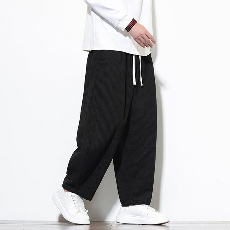 Buddha Stones Men's Plain Pure Cotton Corduroy Ankle-Length Harem Pants With Pockets
