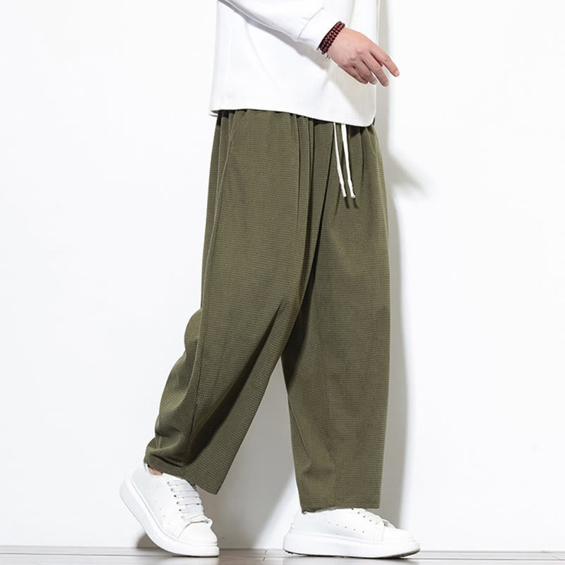 Buddha Stones Men's Plain Pure Cotton Corduroy Ankle-Length Harem Pants With Pockets