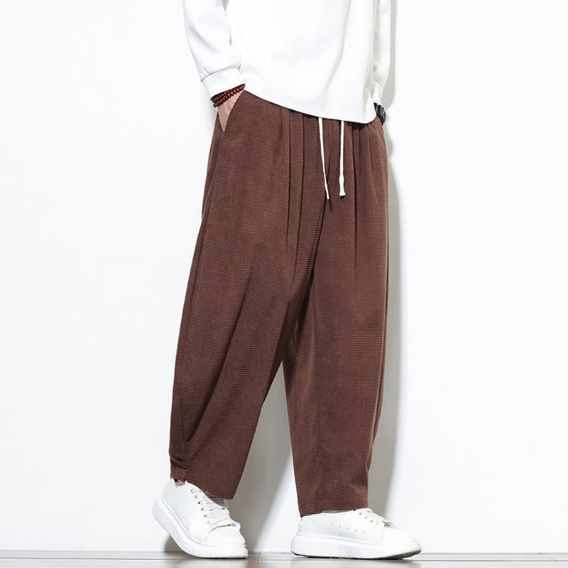 Buddha Stones Men's Plain Pure Cotton Corduroy Ankle-Length Harem Pants With Pockets