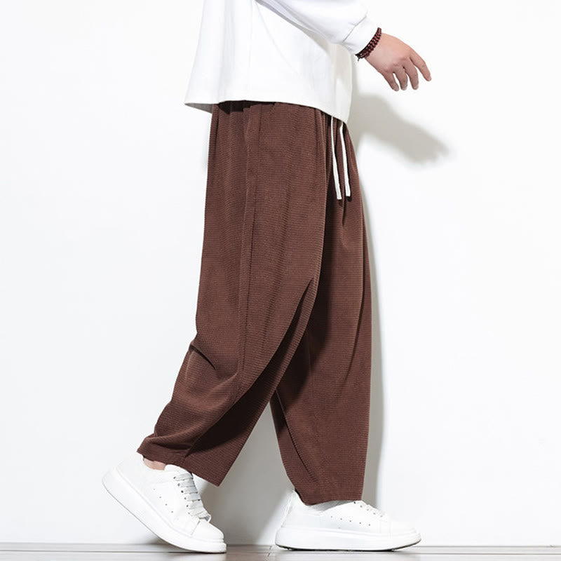 Buddha Stones Men's Plain Pure Cotton Corduroy Ankle-Length Harem Pants With Pockets