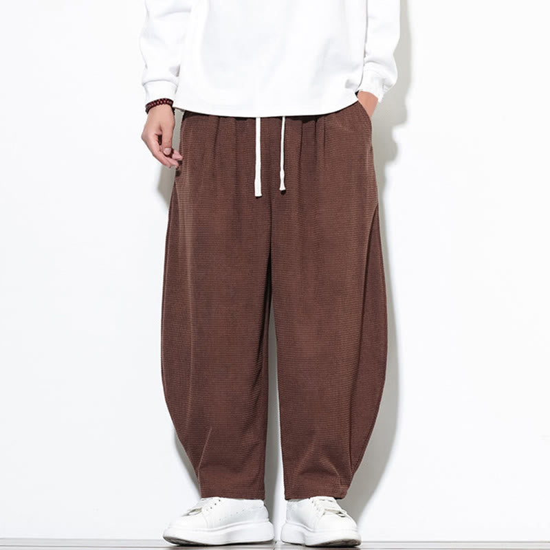 Buddha Stones Men's Plain Pure Cotton Corduroy Ankle-Length Harem Pants With Pockets