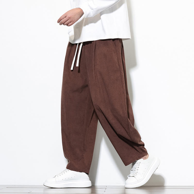 Buddha Stones Men's Plain Pure Cotton Corduroy Ankle-Length Harem Pants With Pockets