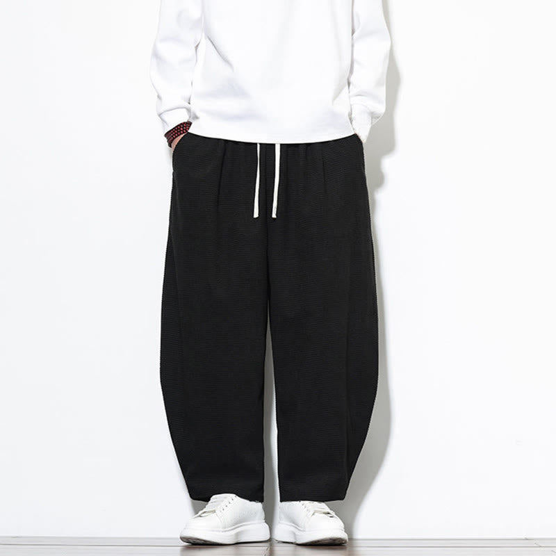 Buddha Stones Men's Plain Pure Cotton Corduroy Ankle-Length Harem Pants With Pockets