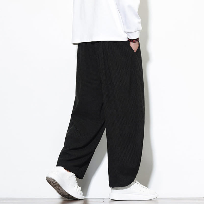 Buddha Stones Men's Plain Pure Cotton Corduroy Ankle-Length Harem Pants With Pockets