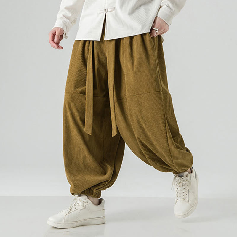 Buddha Stones Winter Solid Color Men's Harem Pure Cotton Corduroy Pants With Pockets