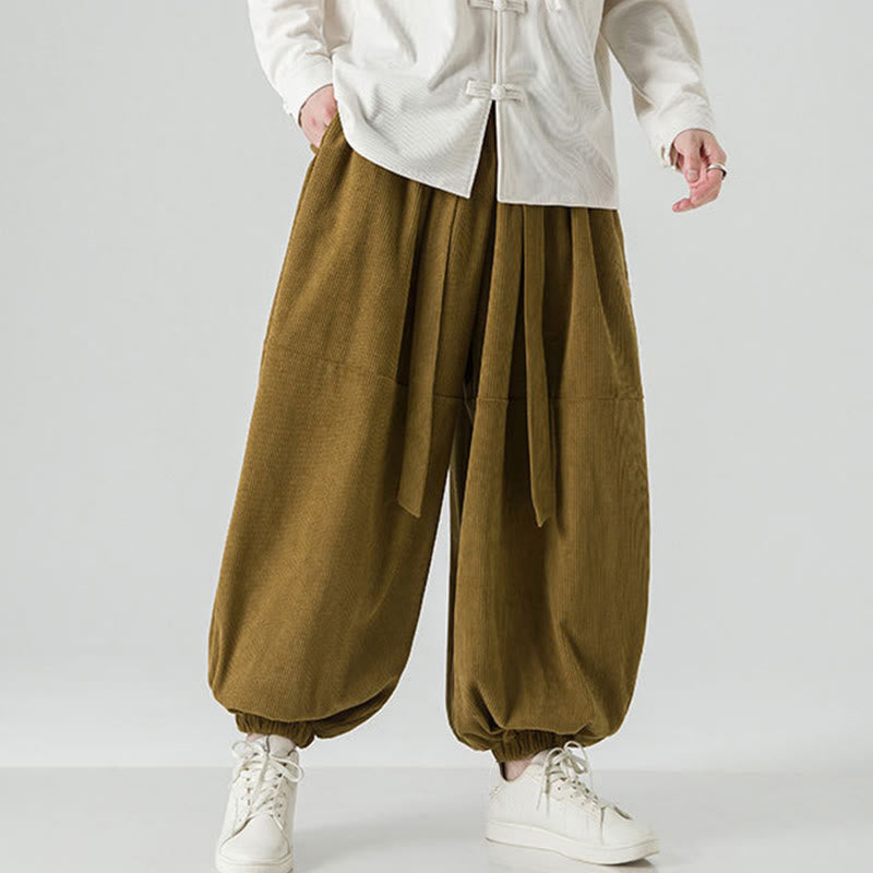 Buddha Stones Winter Solid Color Men's Harem Pure Cotton Corduroy Pants With Pockets