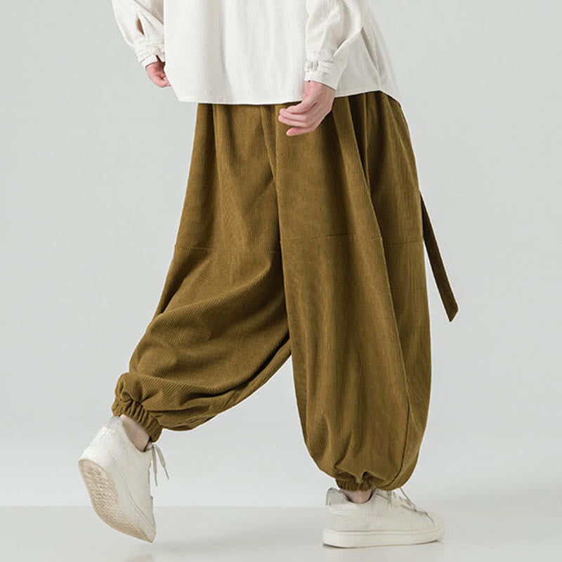 Buddha Stones Winter Solid Color Men's Harem Pure Cotton Corduroy Pants With Pockets