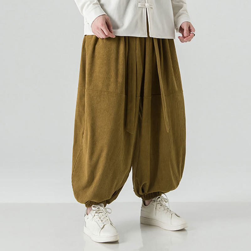 Buddha Stones Winter Solid Color Men's Harem Pure Cotton Corduroy Pants With Pockets