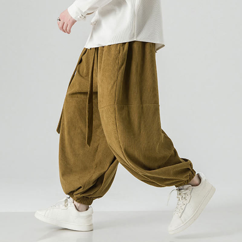 Buddha Stones Winter Solid Color Men's Harem Pure Cotton Corduroy Pants With Pockets