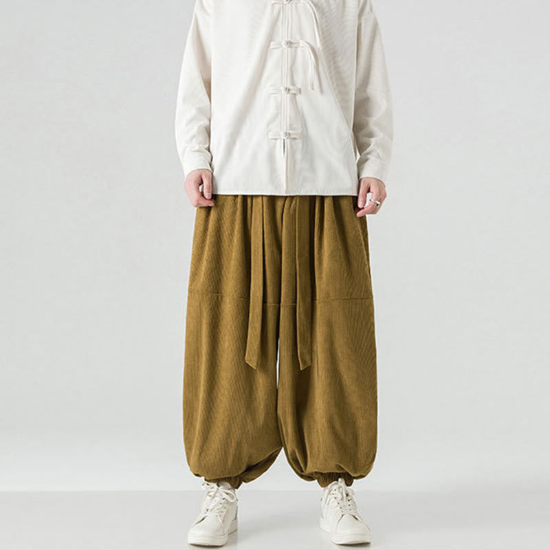 Buddha Stones Winter Solid Color Men's Harem Pure Cotton Corduroy Pants With Pockets