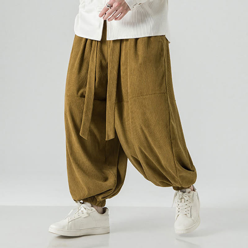 Buddha Stones Winter Solid Color Men's Harem Pure Cotton Corduroy Pants With Pockets
