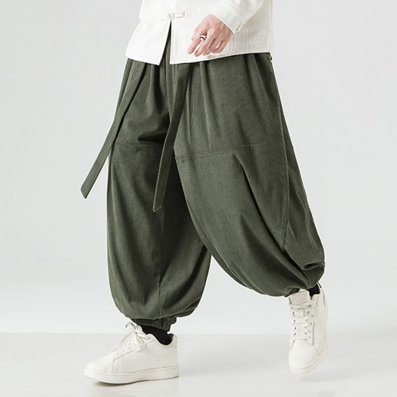 Buddha Stones Winter Solid Color Men's Harem Pure Cotton Corduroy Pants With Pockets