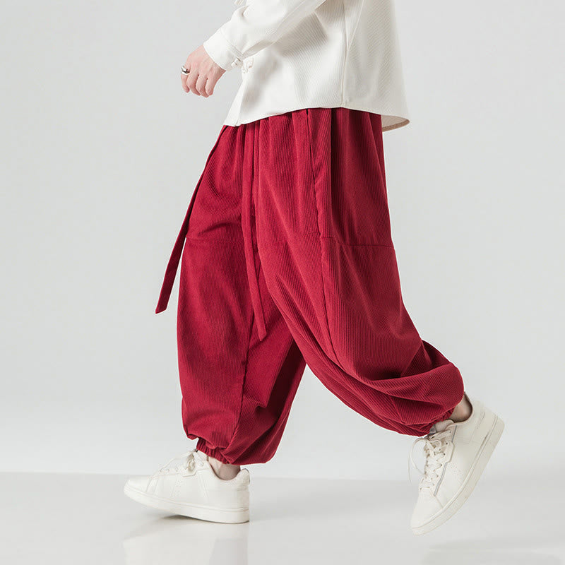 Buddha Stones Winter Solid Color Men's Harem Pure Cotton Corduroy Pants With Pockets