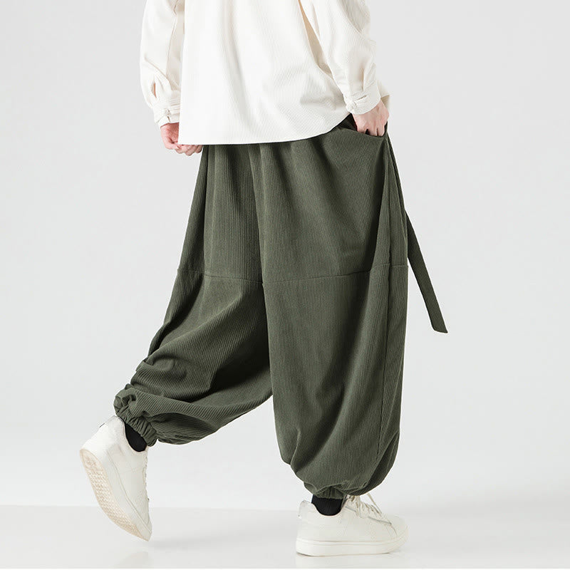 Buddha Stones Winter Solid Color Men's Harem Pure Cotton Corduroy Pants With Pockets