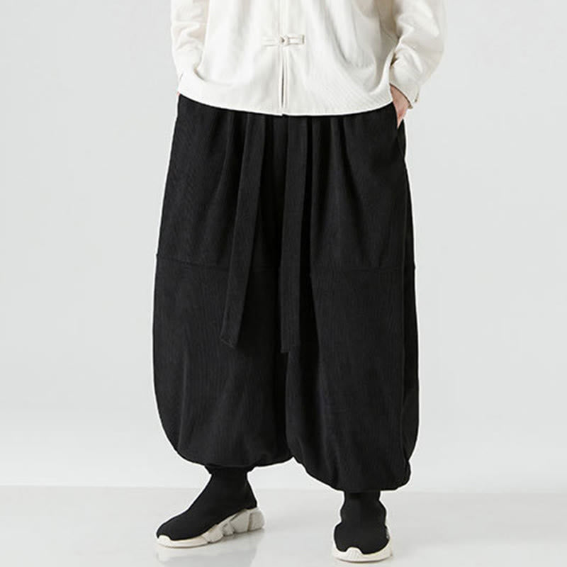 Buddha Stones Winter Solid Color Men's Harem Pure Cotton Corduroy Pants With Pockets