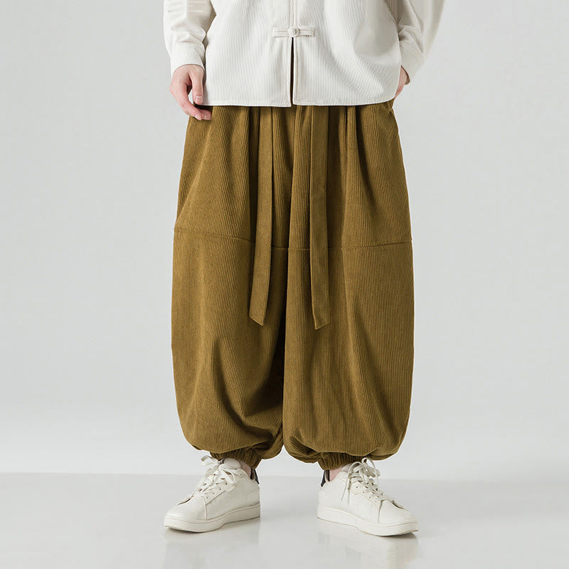 Buddha Stones Winter Solid Color Men's Harem Pure Cotton Corduroy Pants With Pockets