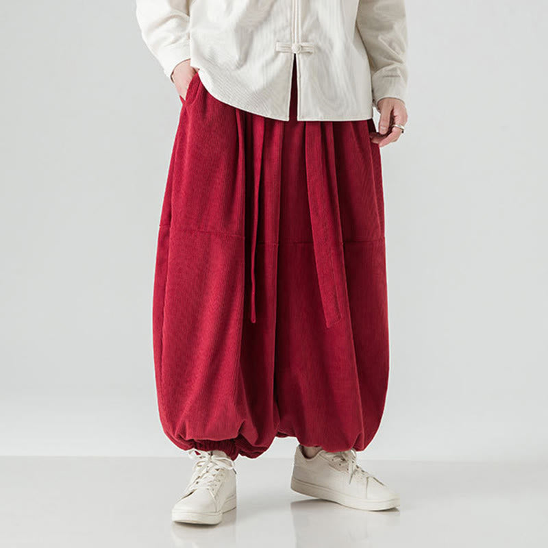 Buddha Stones Winter Solid Color Men's Harem Pure Cotton Corduroy Pants With Pockets