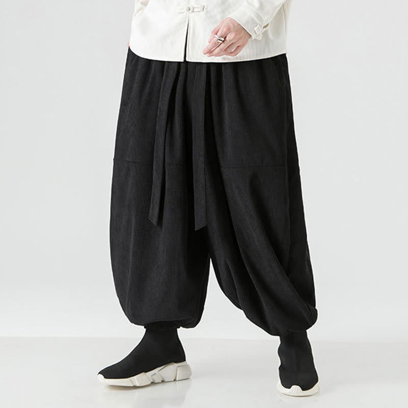 Buddha Stones Winter Solid Color Men's Harem Pure Cotton Corduroy Pants With Pockets