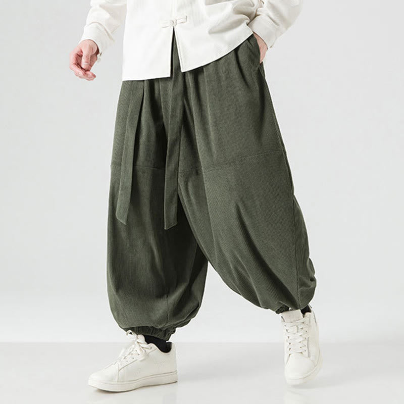 Buddha Stones Winter Solid Color Men's Harem Pure Cotton Corduroy Pants With Pockets
