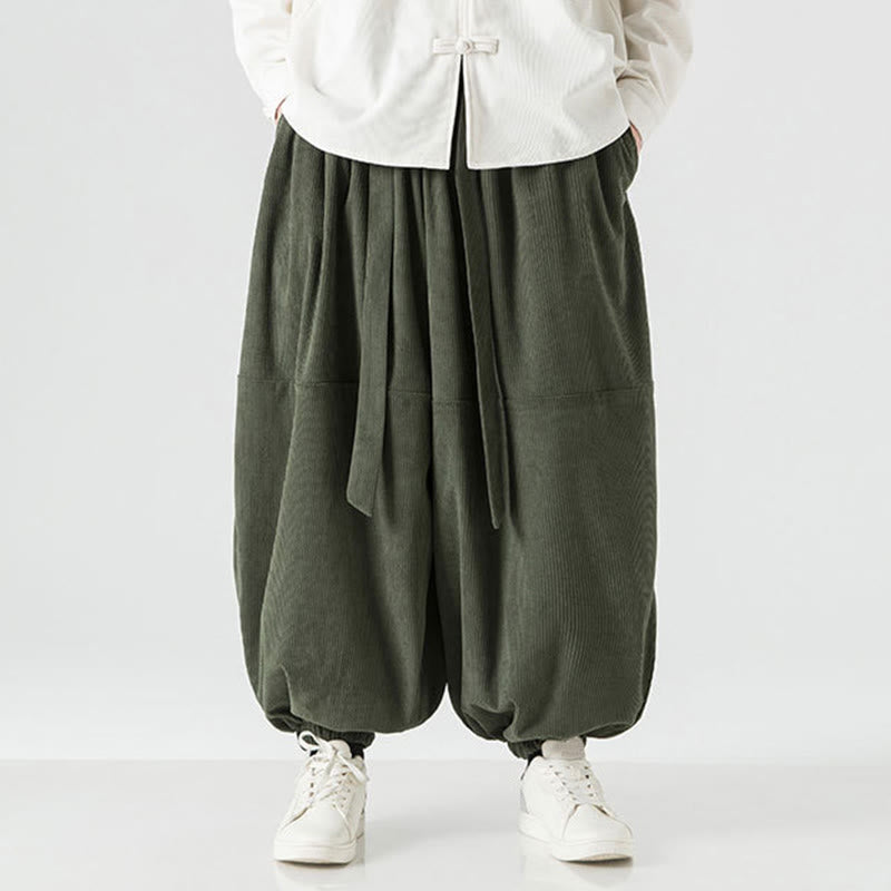 Buddha Stones Winter Solid Color Men's Harem Pure Cotton Corduroy Pants With Pockets