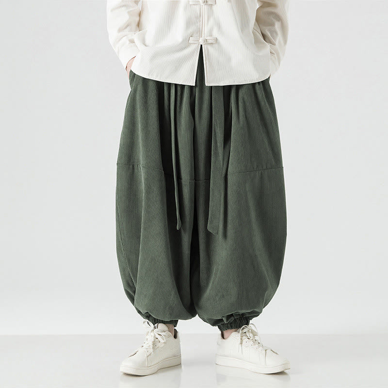 Buddha Stones Winter Solid Color Men's Harem Pure Cotton Corduroy Pants With Pockets