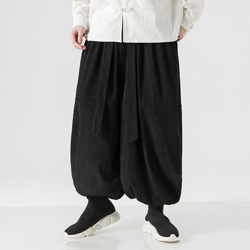 Buddha Stones Winter Solid Color Men's Harem Pure Cotton Corduroy Pants With Pockets