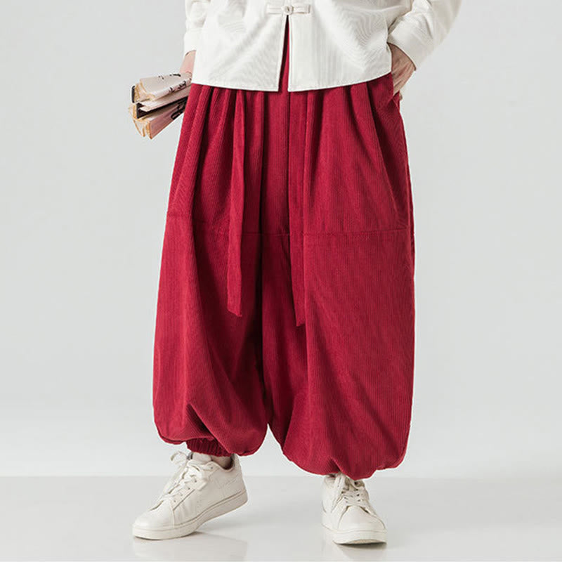 Buddha Stones Winter Solid Color Men's Harem Pure Cotton Corduroy Pants With Pockets