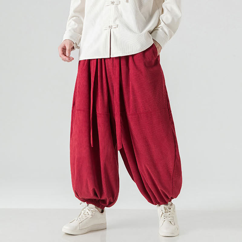 Buddha Stones Winter Solid Color Men's Harem Pure Cotton Corduroy Pants With Pockets