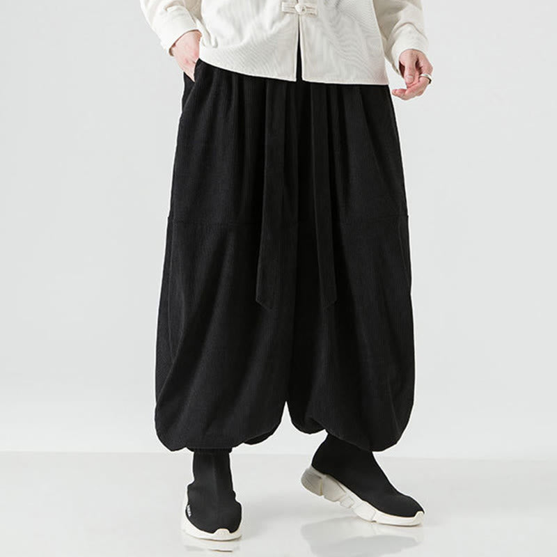 Buddha Stones Winter Solid Color Men's Harem Pure Cotton Corduroy Pants With Pockets