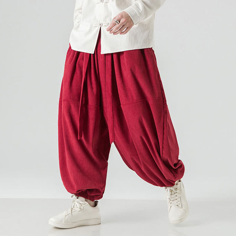 Buddha Stones Winter Solid Color Men's Harem Pure Cotton Corduroy Pants With Pockets