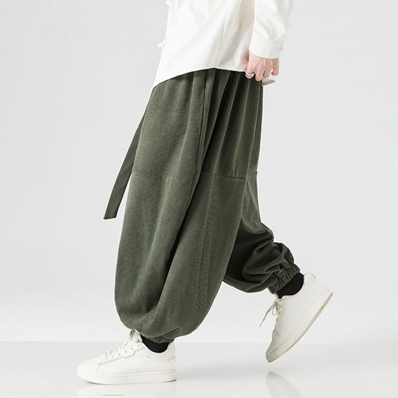 Buddha Stones Winter Solid Color Men's Harem Pure Cotton Corduroy Pants With Pockets