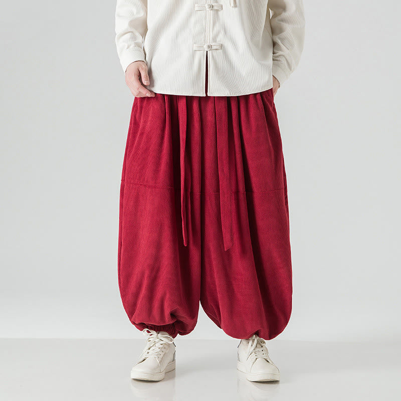 Buddha Stones Winter Solid Color Men's Harem Pure Cotton Corduroy Pants With Pockets