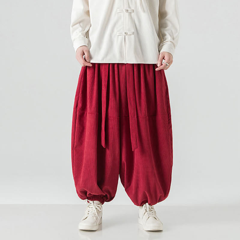 Buddha Stones Winter Solid Color Men's Harem Pure Cotton Corduroy Pants With Pockets