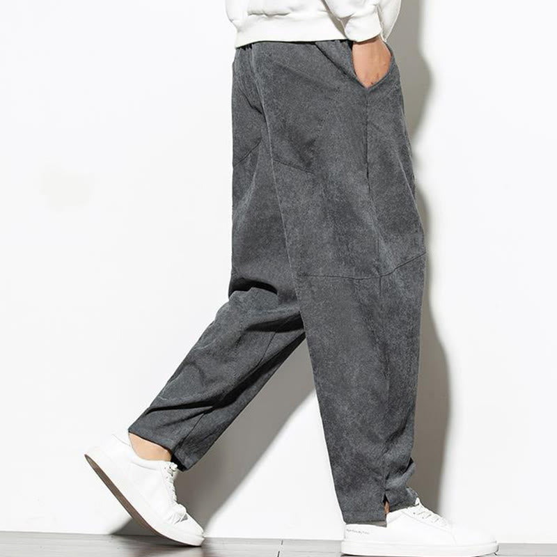 Buddha Stones Fall Pure Color Men's Cotton Corduroy Tapered Pants With Pockets