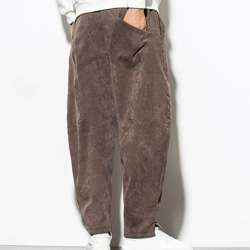 Buddha Stones Fall Pure Color Men's Cotton Corduroy Tapered Pants With Pockets