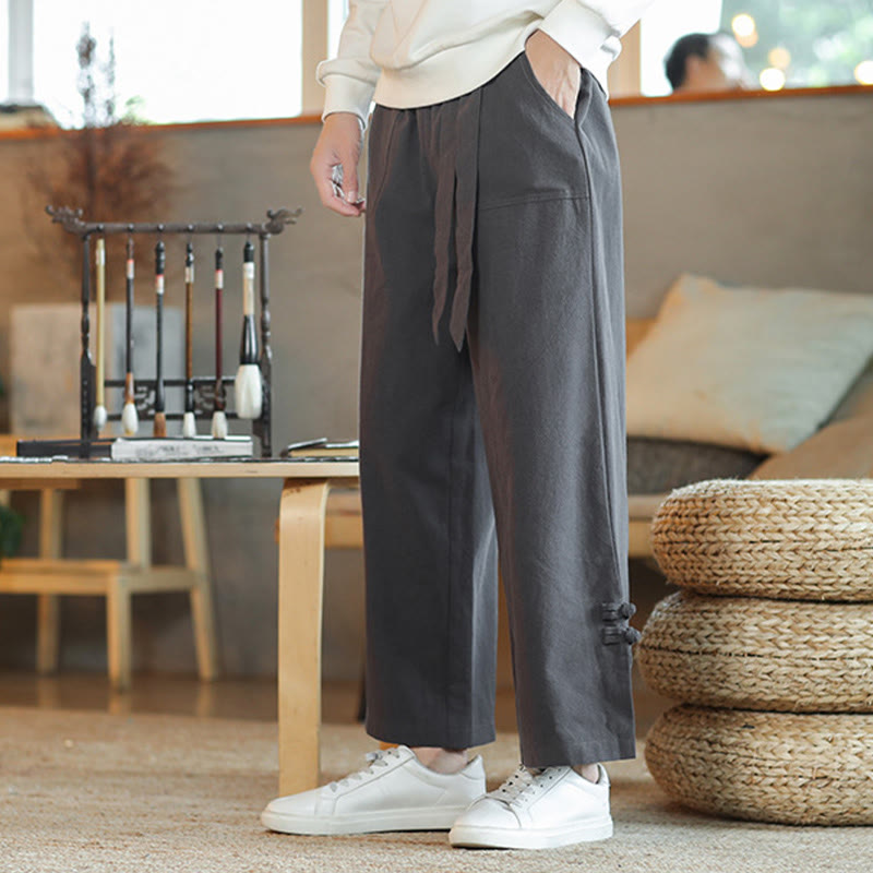Buddha Stones Fall Drawstring Chinese Frog-Button Men's Wide Leg Cotton Pants With Pockets