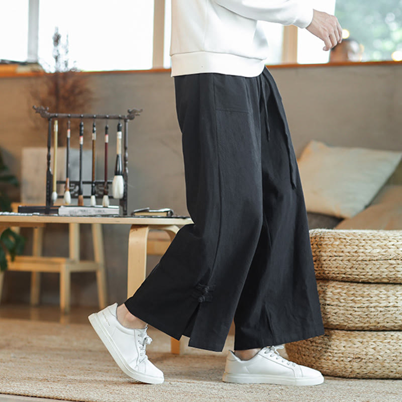 Buddha Stones Fall Drawstring Chinese Frog-Button Men's Wide Leg Cotton Pants With Pockets
