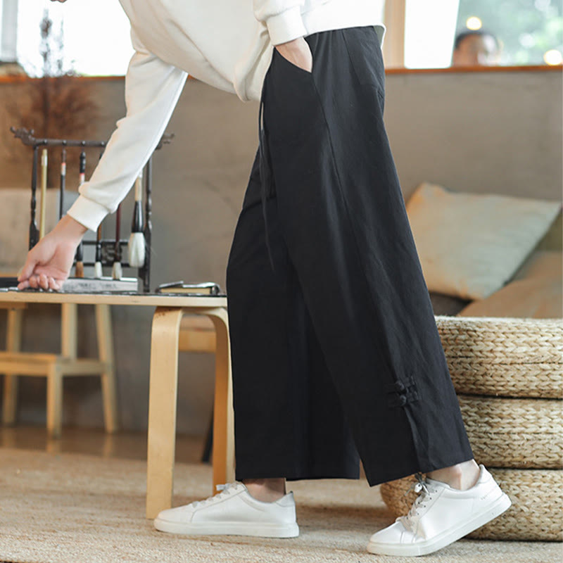 Buddha Stones Fall Drawstring Chinese Frog-Button Men's Wide Leg Cotton Pants With Pockets