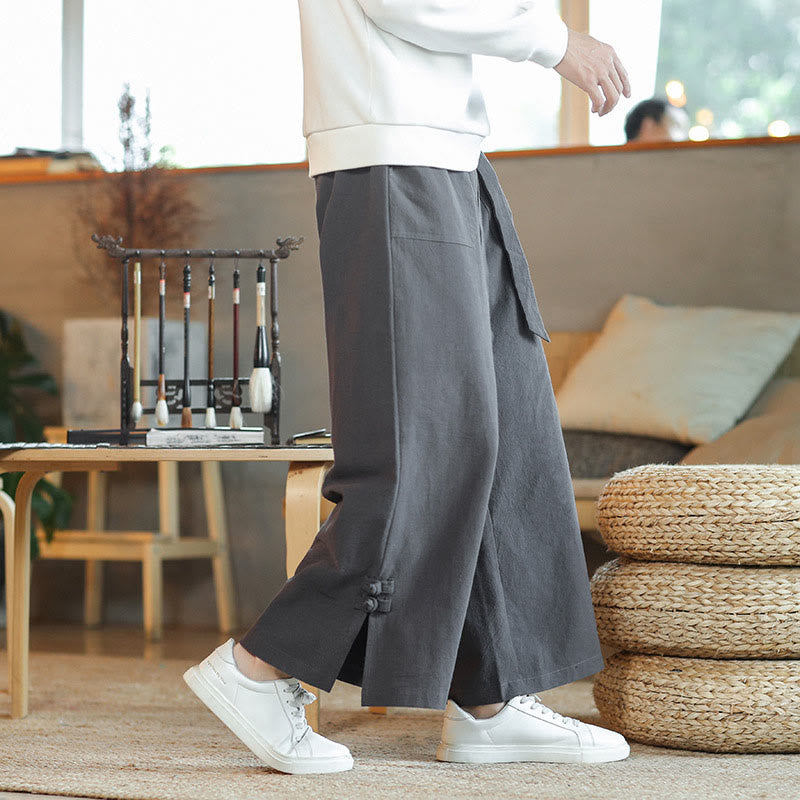 Buddha Stones Fall Drawstring Chinese Frog-Button Men's Wide Leg Cotton Pants With Pockets