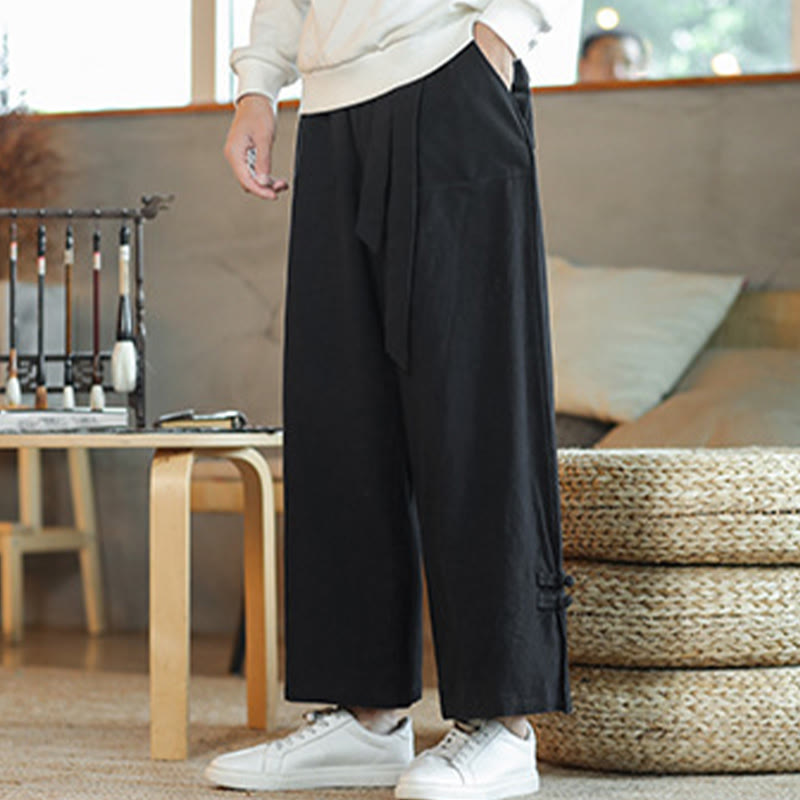 Buddha Stones Fall Drawstring Chinese Frog-Button Men's Wide Leg Cotton Pants With Pockets