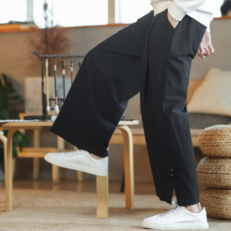 Buddha Stones Fall Drawstring Chinese Frog-Button Men's Wide Leg Cotton Pants With Pockets