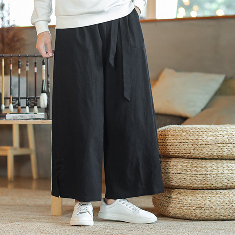 Buddha Stones Fall Drawstring Chinese Frog-Button Men's Wide Leg Cotton Pants With Pockets