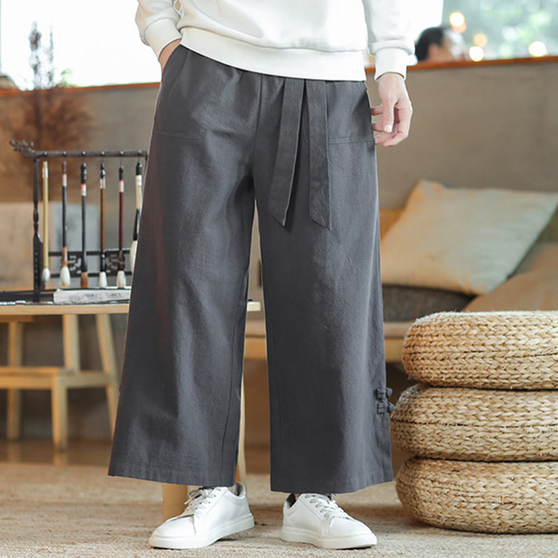 Buddha Stones Fall Drawstring Chinese Frog-Button Men's Wide Leg Cotton Pants With Pockets