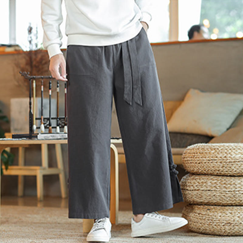 Buddha Stones Fall Drawstring Chinese Frog-Button Men's Wide Leg Cotton Pants With Pockets