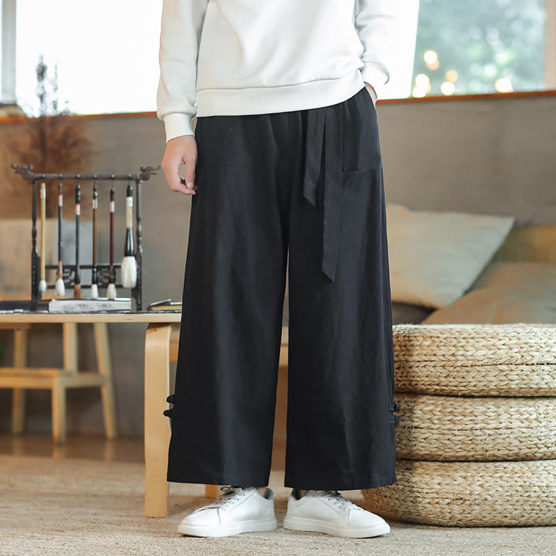 Buddha Stones Fall Drawstring Chinese Frog-Button Men's Wide Leg Cotton Pants With Pockets