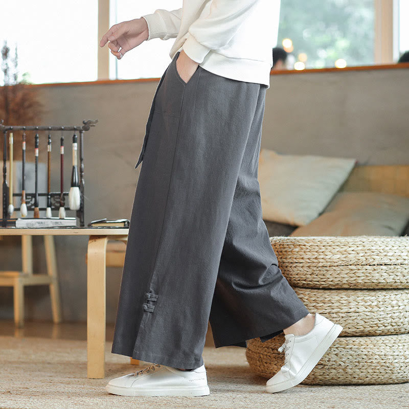 Buddha Stones Fall Drawstring Chinese Frog-Button Men's Wide Leg Cotton Pants With Pockets