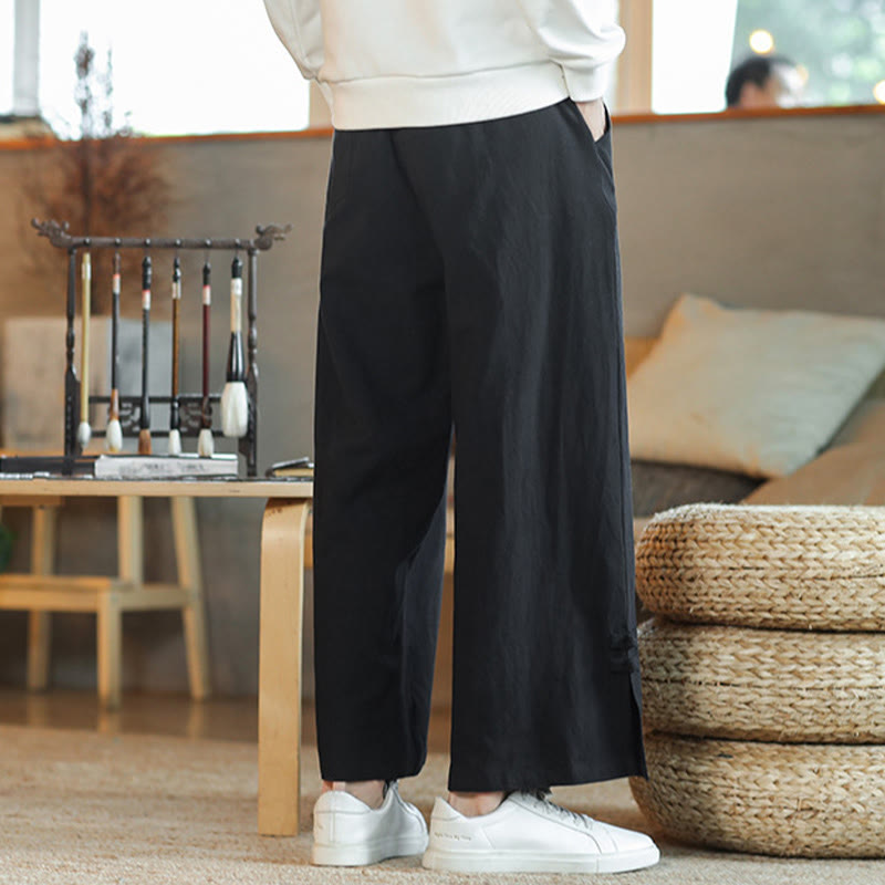Buddha Stones Fall Drawstring Chinese Frog-Button Men's Wide Leg Cotton Pants With Pockets